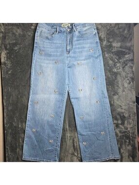 Rockin' C Women's Medium Wash Crystal Bow High Rise Wide Leg Jeans Sz 32